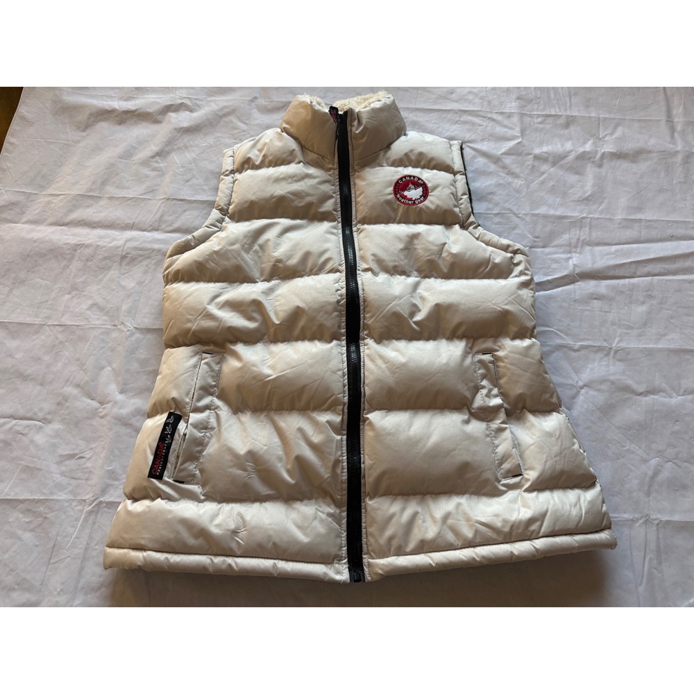Canada Weather Gear Puffer Vest Womens M Beige Good Faux Fur 351-1235-F24
